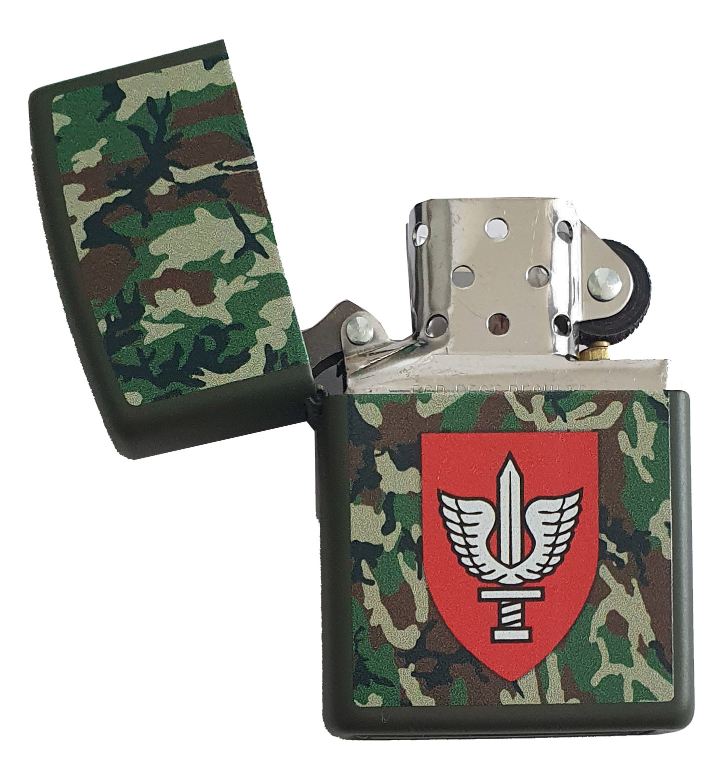 מצת ZIPPO 221 KFIR ISRAELI FLAG  זיפו 221 ירוק מט קלאסי עם סמל חטיבת כפיר על רקע מנומר.
