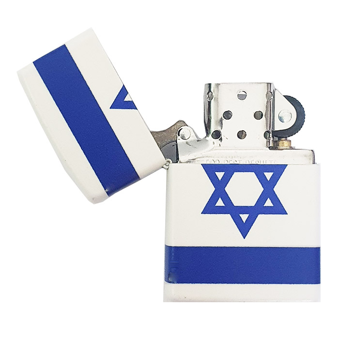 מצית ZIPPO ISRAELI FLAG 49352  לבן עם הדפס  היקפי דגל ישראל כחול.