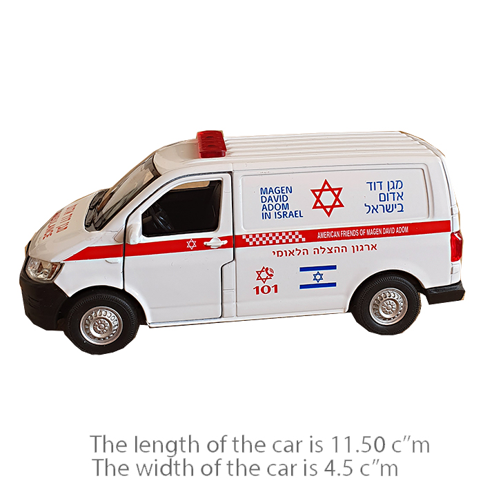 דגם אמבולנס מגן דוד אדום (מד"א) פולקסווגן טרנספורטר T6 ואן לבן העתק רכב בקנה מידה 1:38 למקור