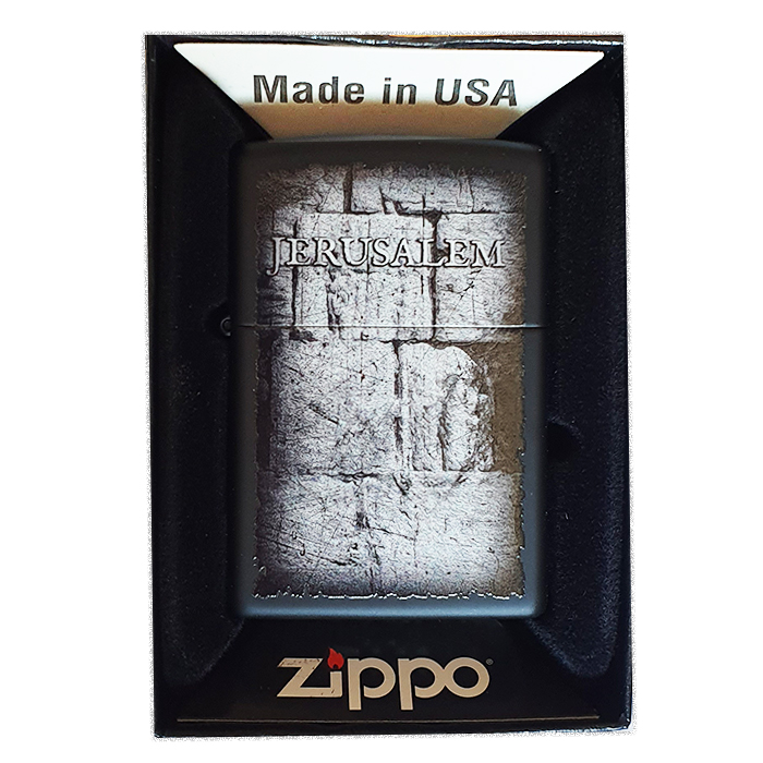 מצת  ZIPPO 218 שחור מט קלאסי מעוצב הדפס אבן חומה מירושלים העתיקה.